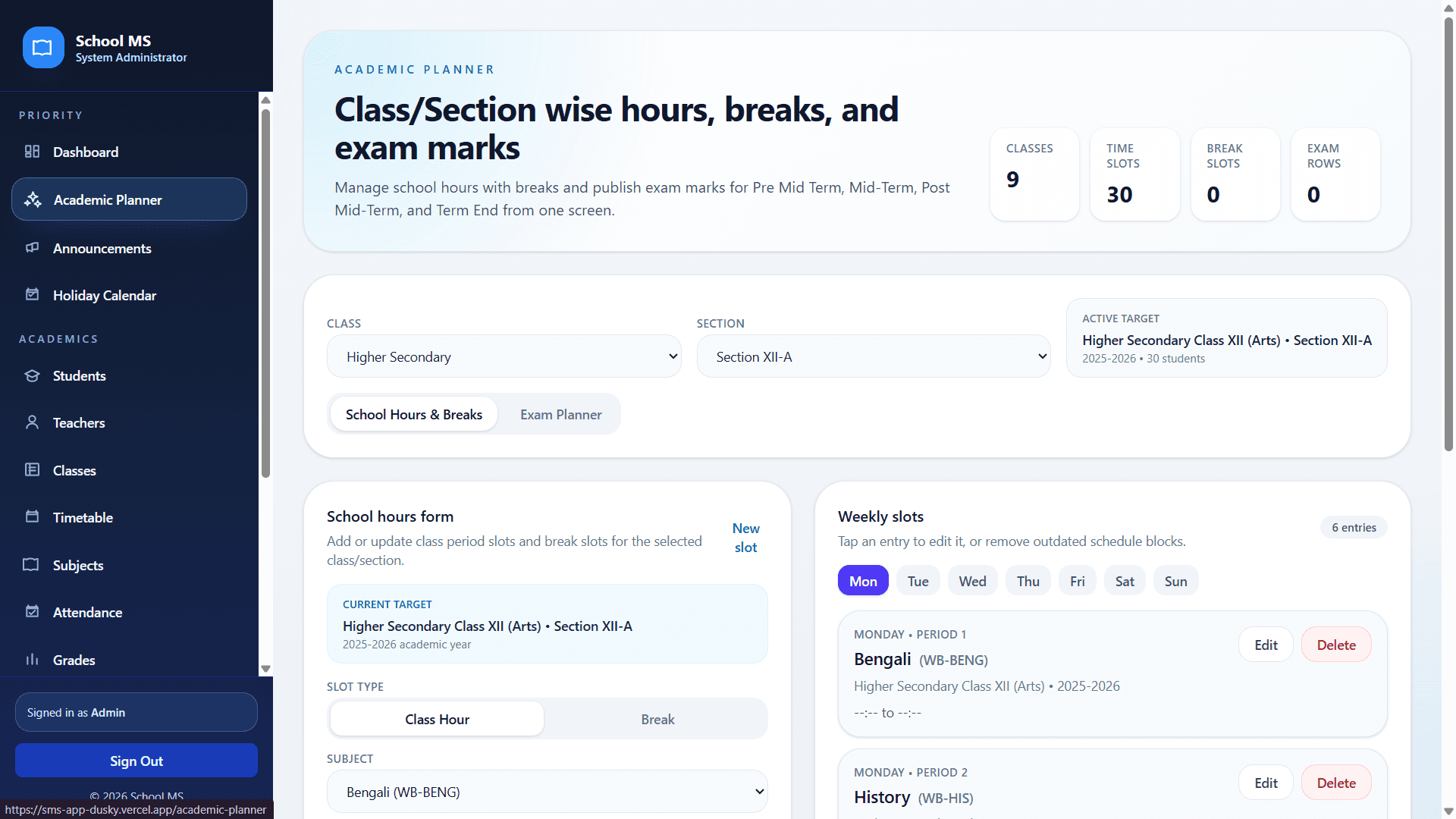 Academic planner screen
