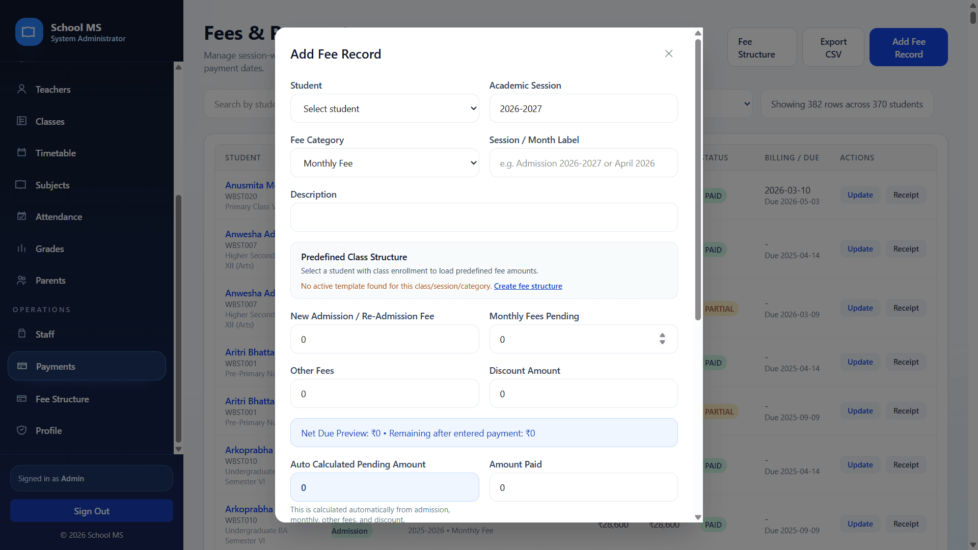 Add fee record modal