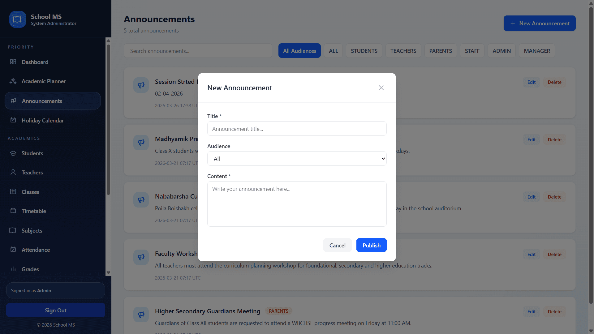 New announcement modal