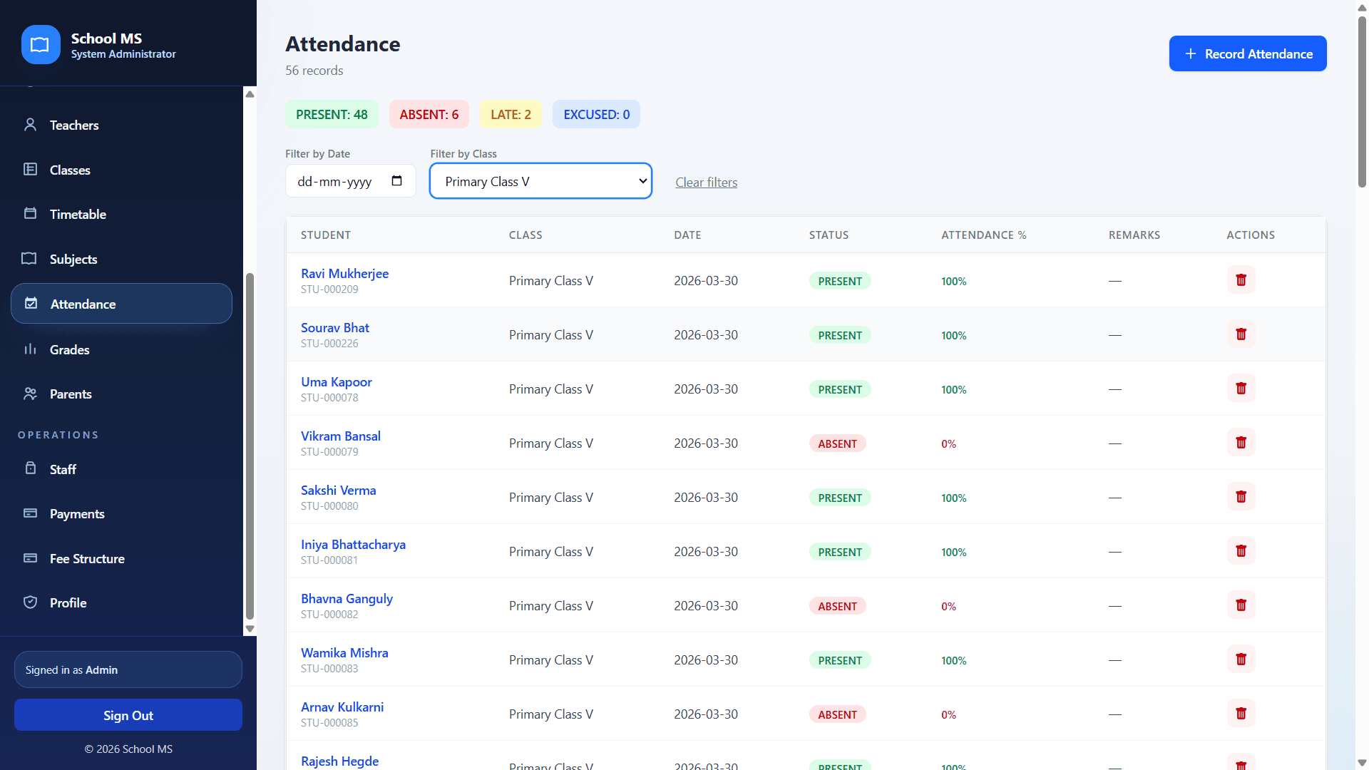 Attendance page