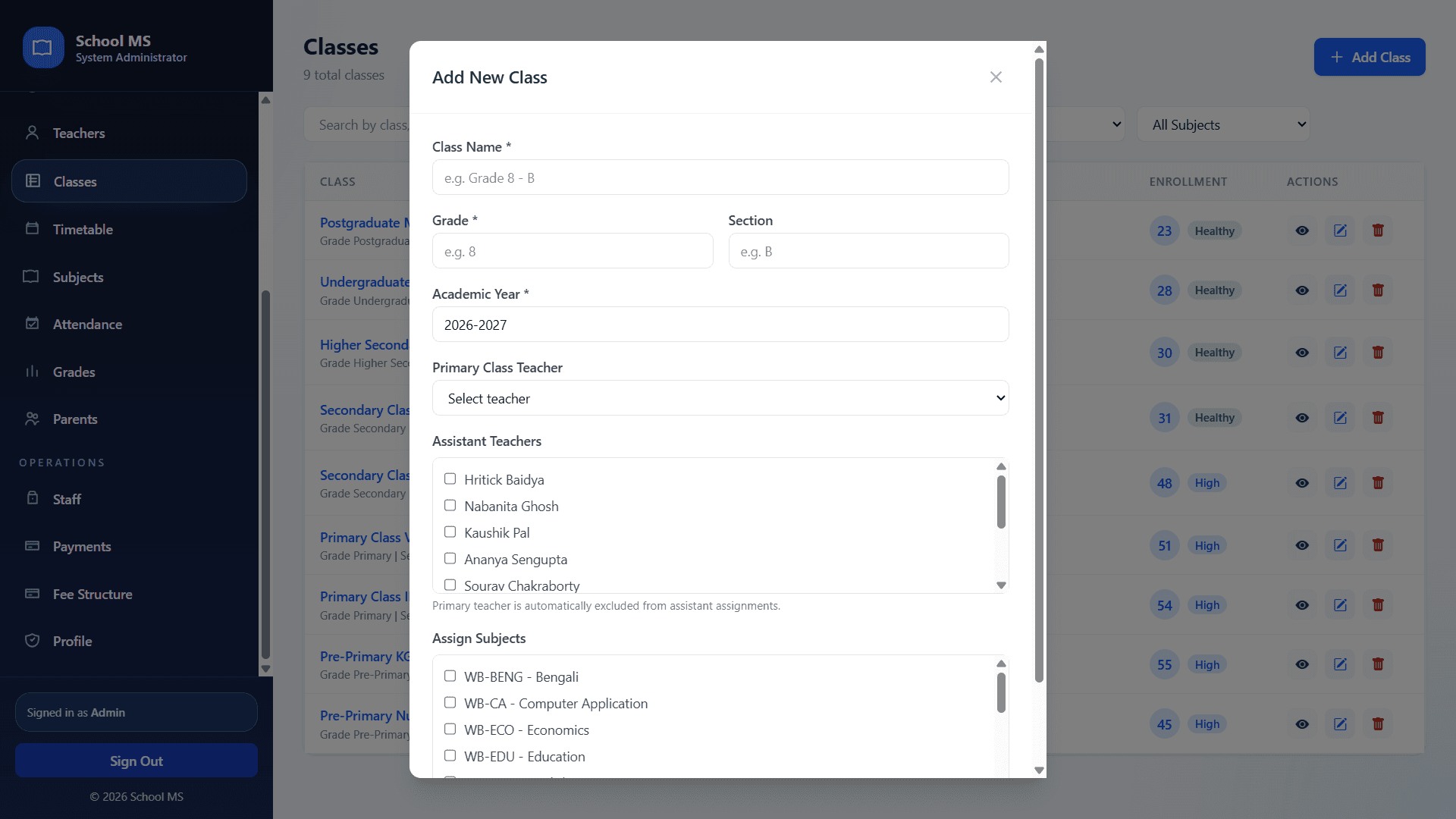 Add class modal