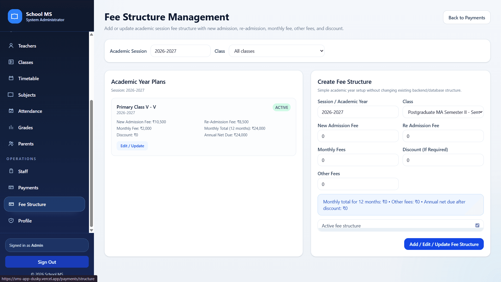 Fee structure management page