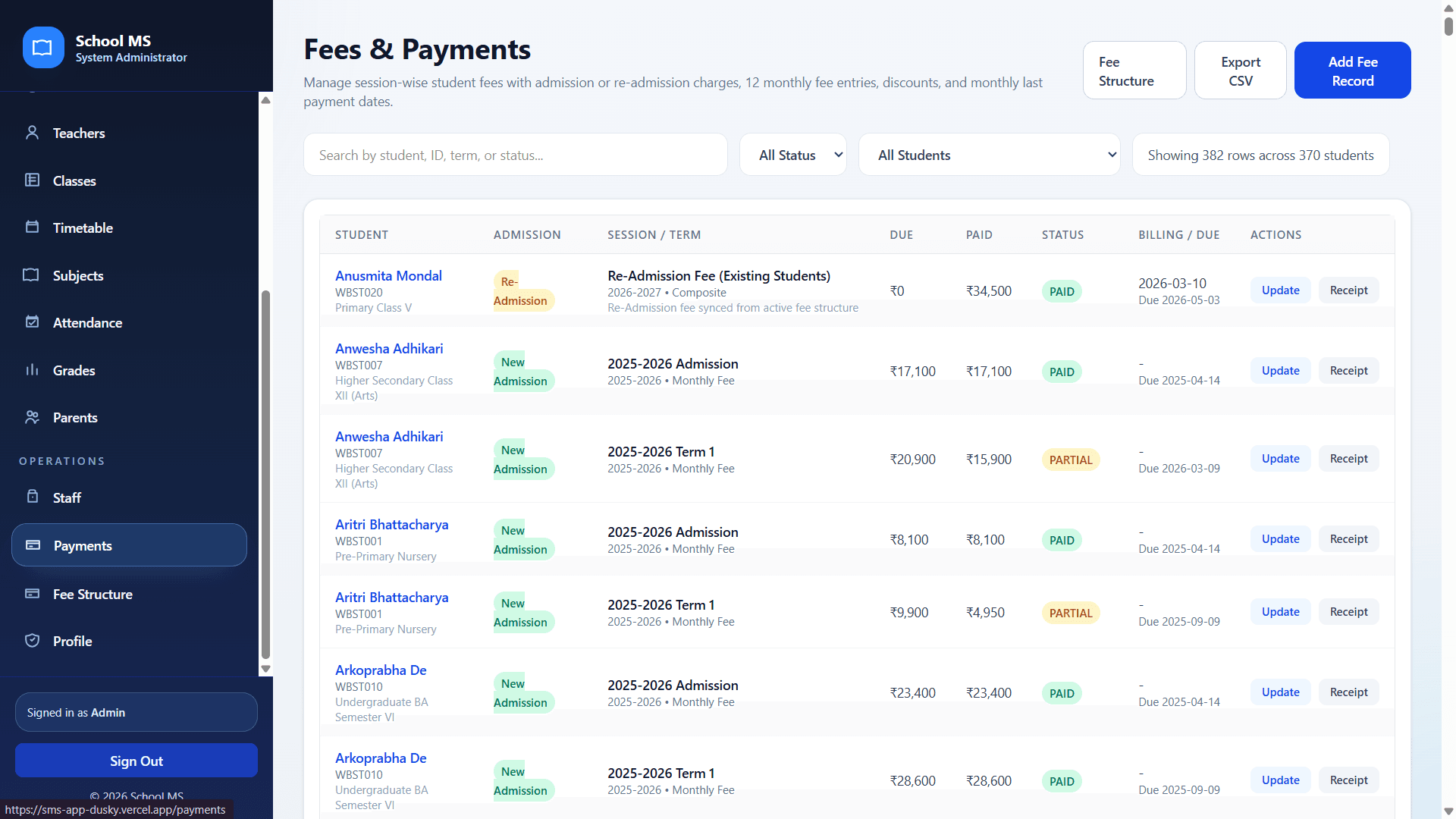 Fees and payments page