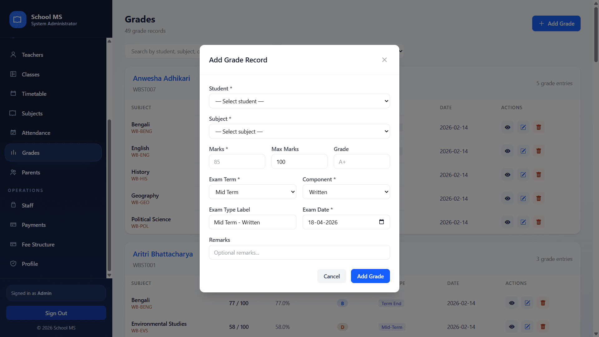 Add grade modal
