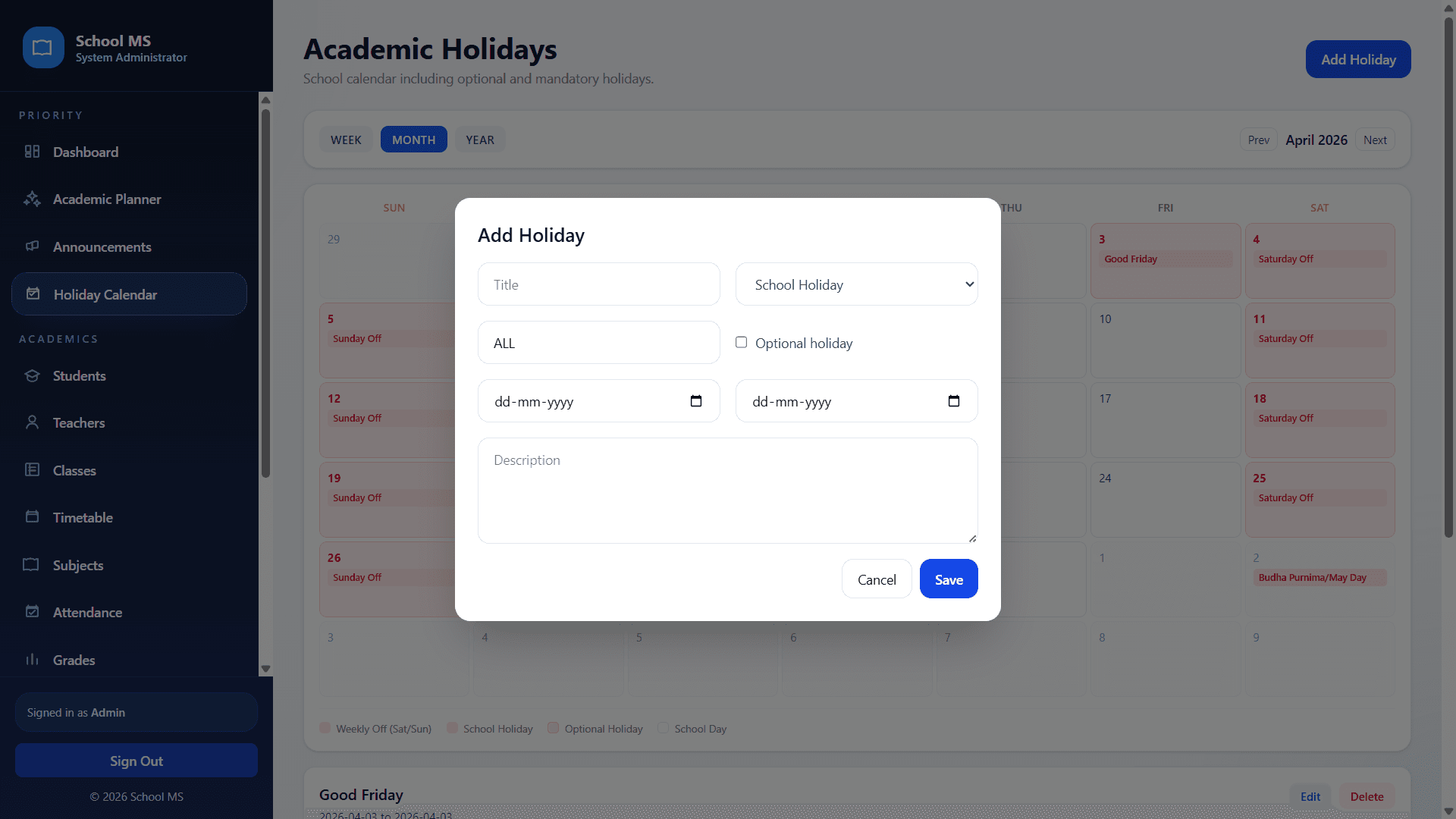 Add holiday modal