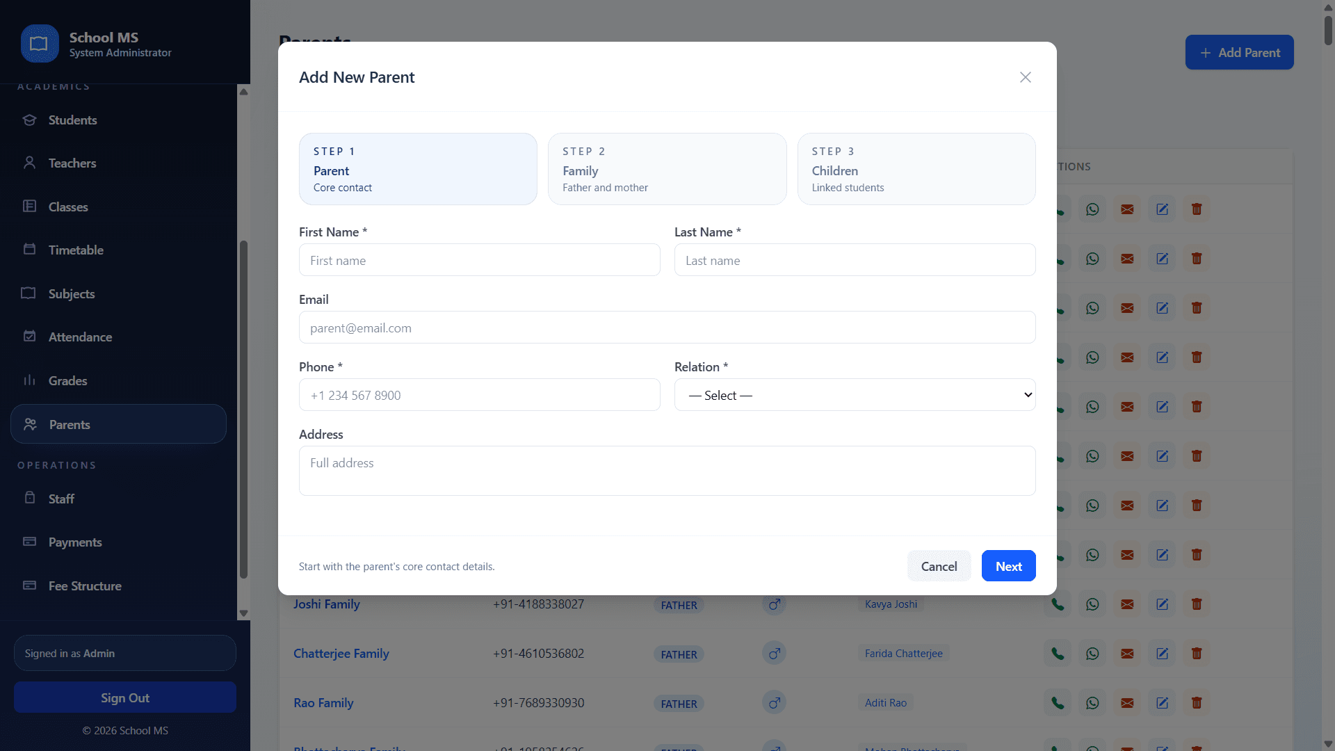 Add parent modal