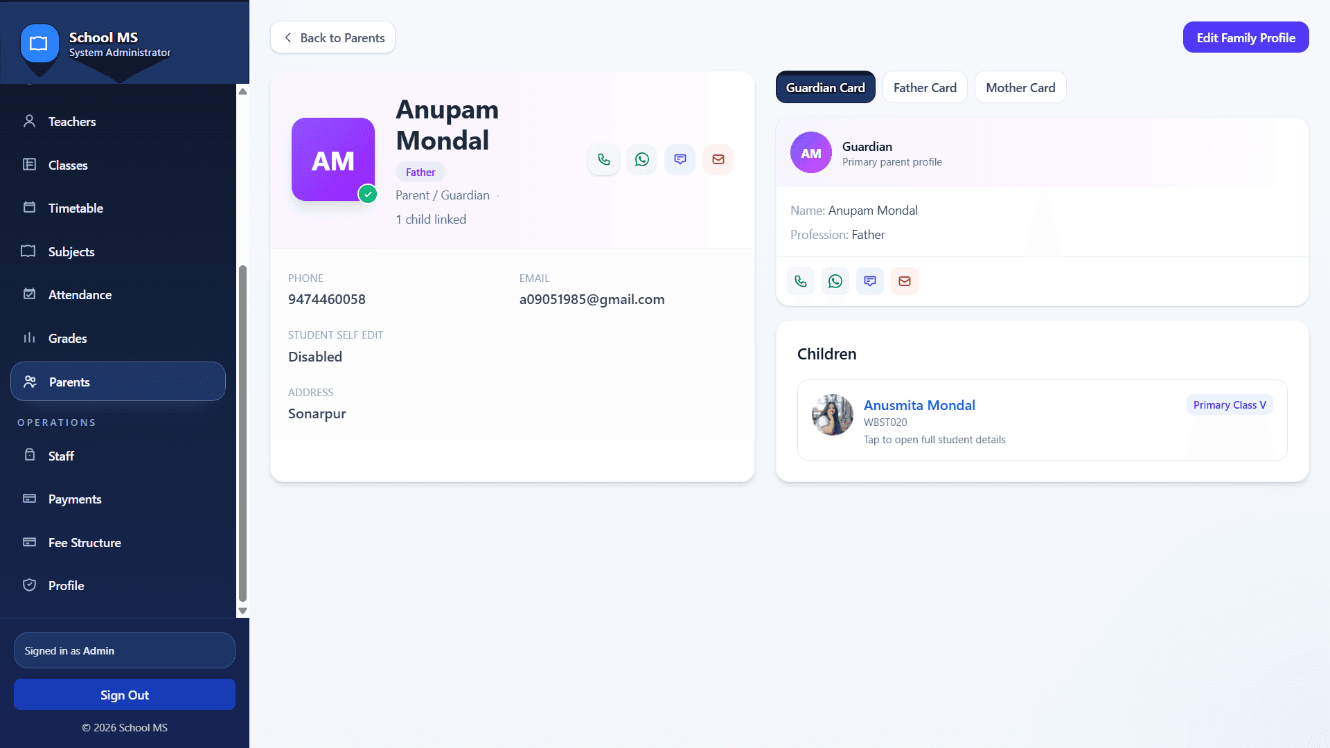 Parent profile page