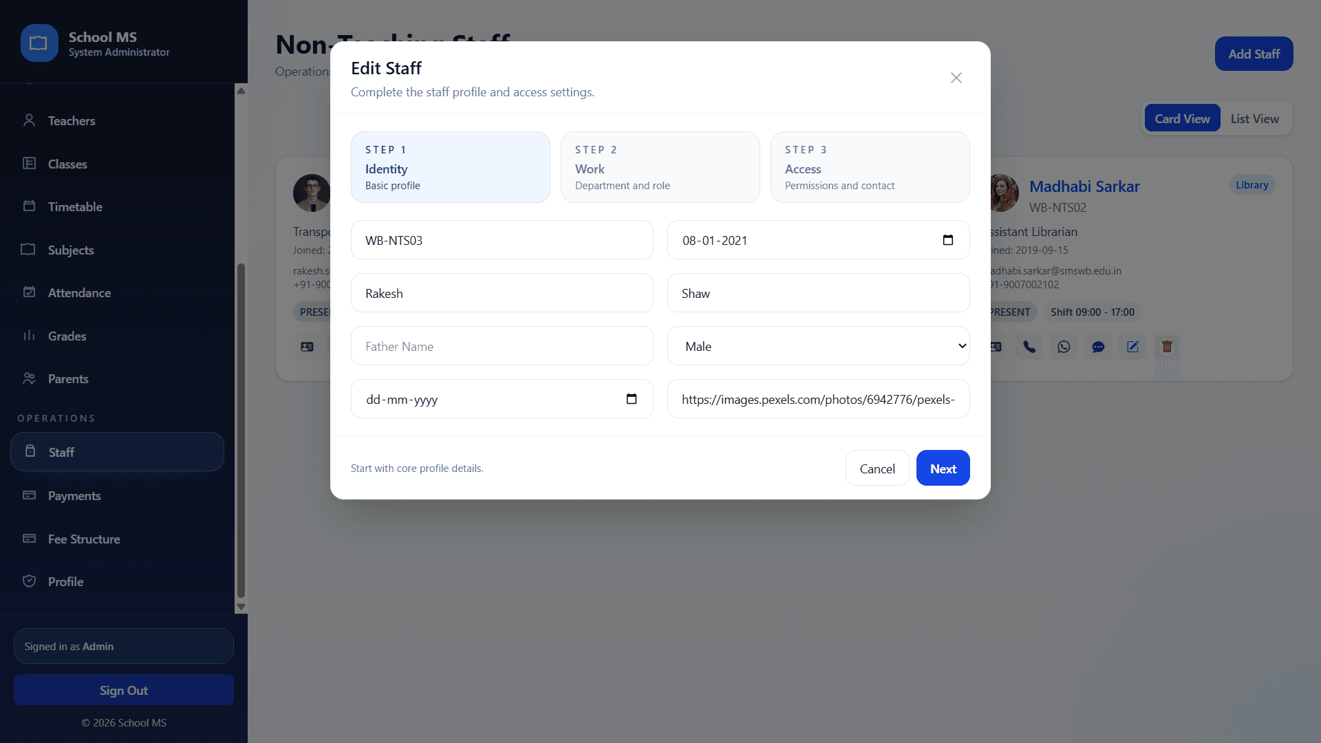 Edit staff modal