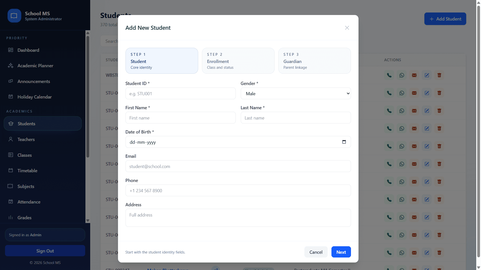 Add new student modal