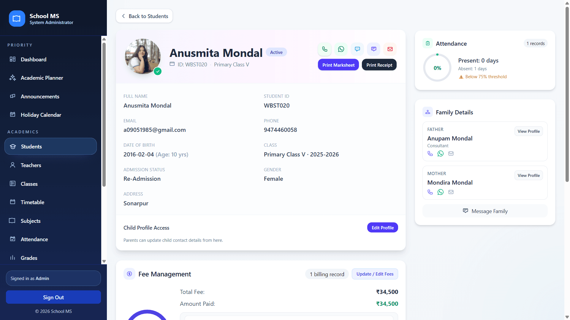 Student profile page