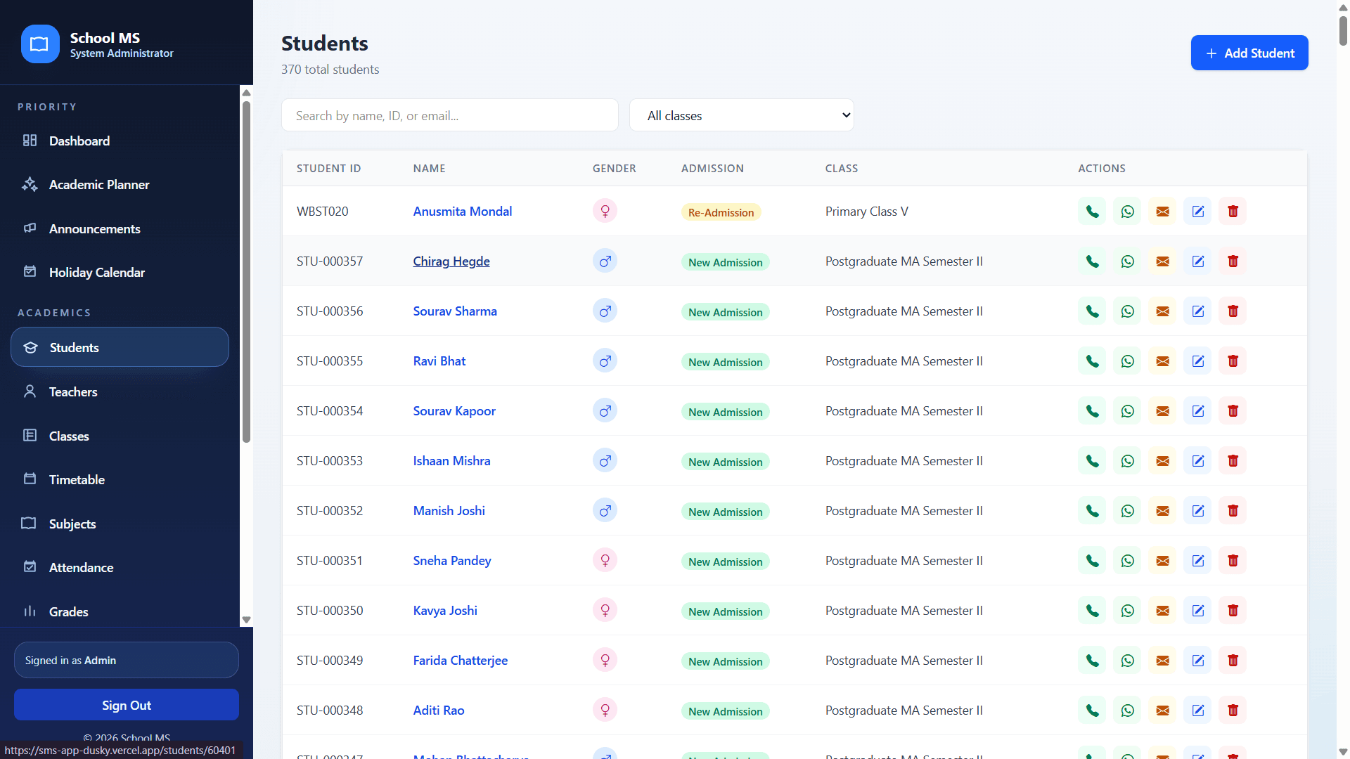 Students list page
