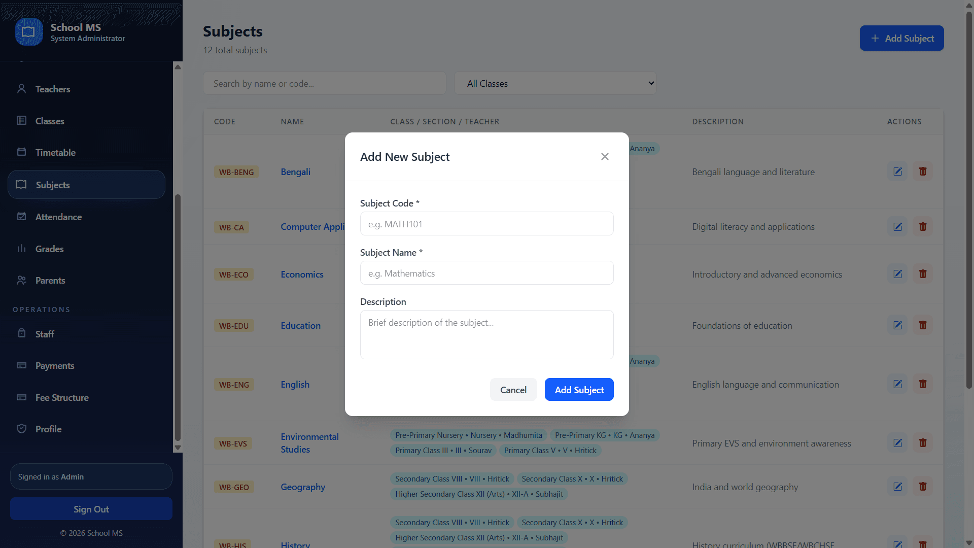 Add subject modal