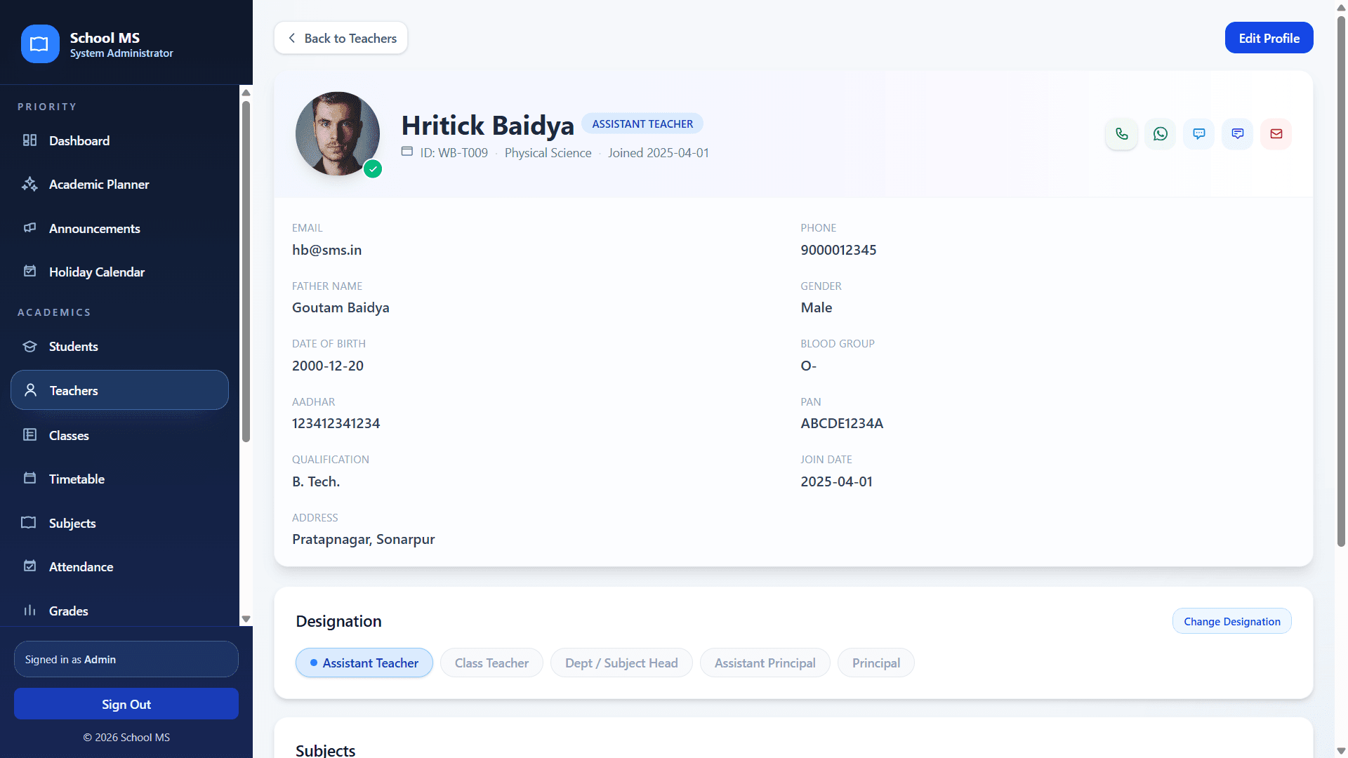Teacher profile page
