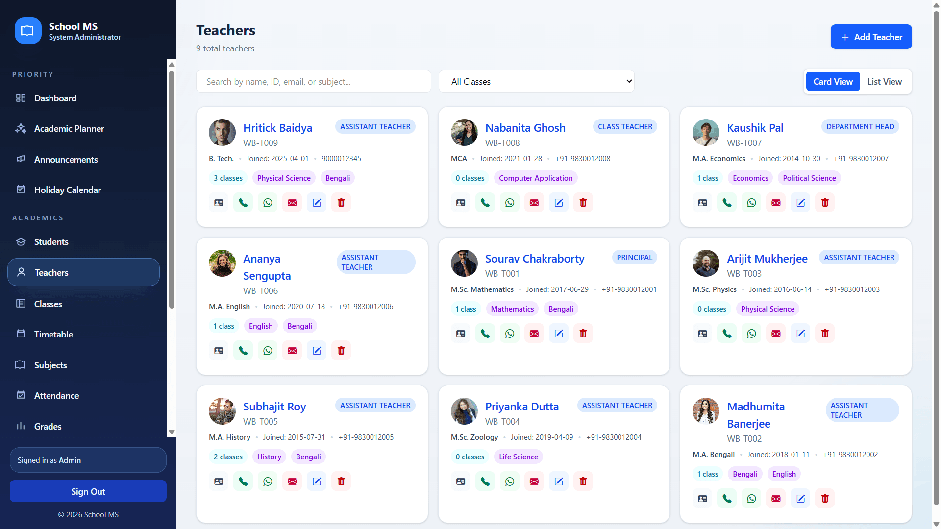 Teachers management page