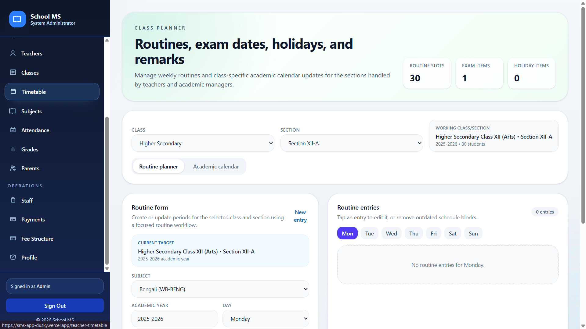 Routine planner screen